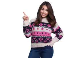 Woman in fair isle sweater pointing up, on transparent background png
