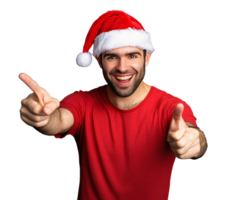 Smiling man in santa hat pointing gesturing on transparent background png