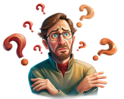Transparent puzzled worker with question marks floating png