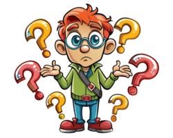 Confused man looking up with question marks floating png