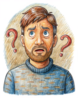 Thinking man struggling with multiple question marks png