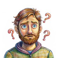 Perplexed businessman with thought bubble and question marks png
