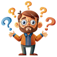 Man puzzled with floating question marks in the air png