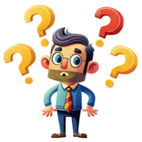 Confused man with question marks on transparent background png