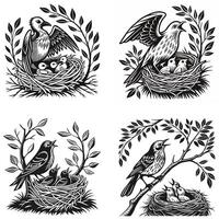 Silhouette of a Bird Family in Nest vector