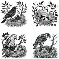 Bird Caring for Chicks in Nest Silhouette vector