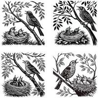 Nesting Birds Silhouette with Feeding Scene vector