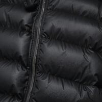 A close-up of a modern black puffer jacket's zipper showcases its sleek design and material quality, appealing to winter fashion enthusiasts. photo