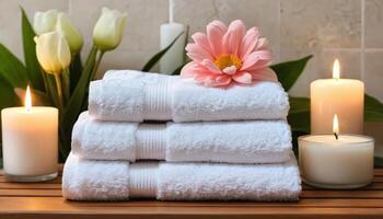 A serene spa arrangement with stacked white towels and a delicate pink flower, complemented by candles, creating a tranquil atmosphere perfect for wellness branding or relaxation themes. photo
