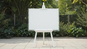 A blank white canvas on a wooden easel in a lush outdoor setting, offering artists a serene space for creativity and inspiration in a natural environment. photo