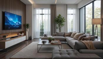 A stylish modern living room with soft furnishings, large windows, and greenery, creating a calm and inviting atmosphere for relaxation. photo