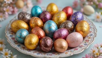 An assortment of colorful Easter eggs displayed on a decorative plate, showcasing various tones and patterns, ideal for holiday celebrations and festive gatherings. photo
