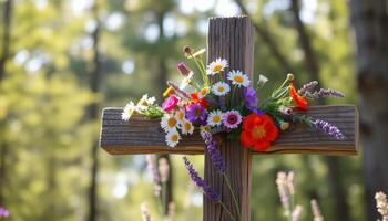 A rustic wooden cross adorned with a variety of flowers, symbolizing remembrance, set in a softly blurred forest background, perfect for memorial or Easter themes. photo