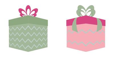 Pink And Green Gift Box With Ribbon Bow Decorated With Zig Zag Pattern vector
