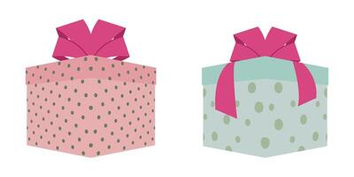 Pink Green Gift Box With Ribbon Bow And Dots Pattern vector