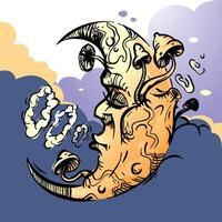 Vibe Moon is dozing and emitting smoke rings. The mushroom moon in the clouds vector