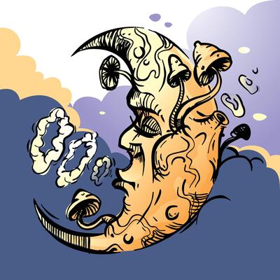 Vibe Moon is dozing and emitting smoke rings. The mushroom moon in the clouds