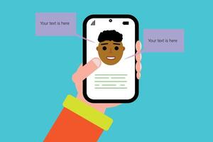 Hand holding a mobile phone with human face on screen. Space for text vector