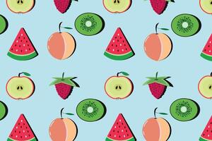 Fruit pattern with peach, kiwi, watermelon, raspberry on blue background. vector