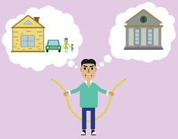 Make ends meet concept. Man holding rope connecting the bank and house with wife and kid vector
