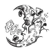 A drawing of a crescent moon with mushrooms on it vector
