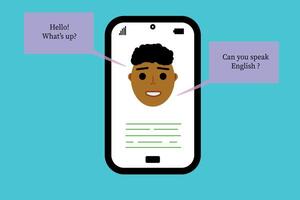 Concept of learning languages mobile phone with human face and questions about English vector