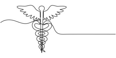Continuous one line drawing of caduceus as a symbol of medicine outline vector