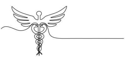 Continuous one line drawing of Caduceus as a symbol of medicine vector