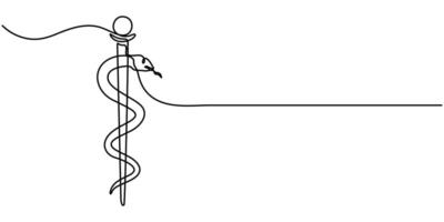 Medical symbol caduceus continuous one line art drawing minimalist design vector