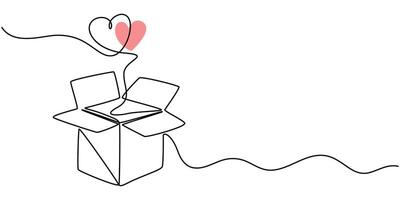 continuous one line drawing present box with hearts on a white background vector