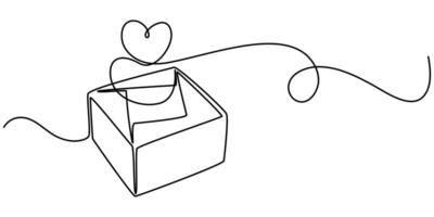 Gift box with heart balloons heart continuous one line drawing style illustration vector