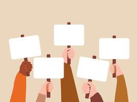 crowd of people demonstrating with blank signs or placards. illustration of hands raised up. protesters hands holding peace protest posters blank vote placard out from crowd demonstration activist vector