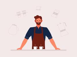 A man with a beard and apron is standing behind a counter vector