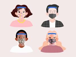 People using face shield and patterned mask vector