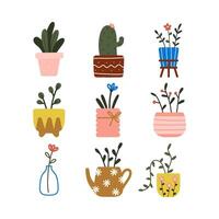 Hand-drawn collection of potted plants, including succulents, cacti, and flowers in colorful, whimsical pots, perfect for decorative use. vector