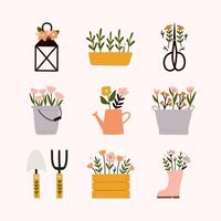 Spring collection with different garden elements cute floral lantern, pot, scissors, bucket shop, watering can, vintage bucket, spade, pitchfork, Wooden box, rain boot and flowers illustration. vector