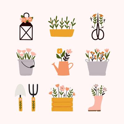 Spring collection with different garden elements cute floral lantern, pot, scissors, bucket shop, watering can, vintage bucket, spade, pitchfork, Wooden box, rain boot and flowers illustration.