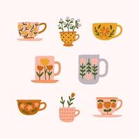 Hand drawn set of various floral trendy modern tea cups or mugs with different cute flowers ornaments in scandinavian style illustration. Crockery with handle for drink. vector