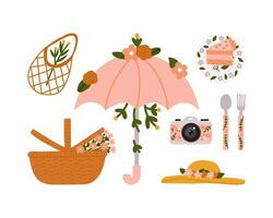 Set Hand drawn Flowers Summer Spring Picnic with umbrella, reusable shopping bag mesh, picnic basket, cute camera, straw hat, plate, cake spoon and fork elements flat illustration. vector