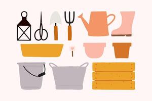 gardening elements tools icon isolated cute lantern, pot, scissors, watering can, vintage bucket, spade, pitchfork, Wooden box and rain boot illustration. vector