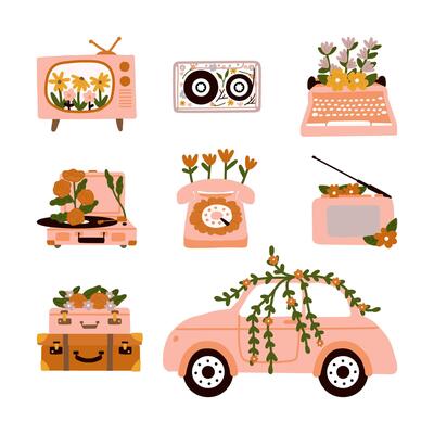 Vintage Objects Elements Illustration television, Audio cassettes Retro music tape, Typewriter, vinyl record player, Old telephone ringing, radio, leather suitcases and car with spring flowers.