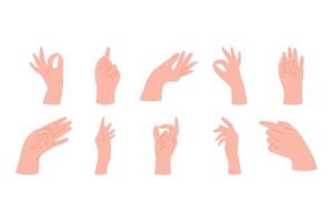 Collection of Woman Naturalistic Hands showing different gestures. Holding, forefinger sign and open palm pointing at something. Hand drawn flat elements illustration. vector