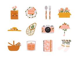 Spring or summer with seasonal elements collection. Book, cake, spoon, fork, box, hat, bag, camera, umbrella, picnic basket, candle, notebook and socks. vector