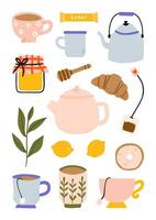 tea elements with teacup, teapot, honey, lemon and croissant collection vector