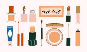 Set of cosmetics makeup with foundation, lip tint, artificial eyelash, lipstick, lip gloss, lip liner, concealer, brow pencil, cushion, and concealer illustration. vector