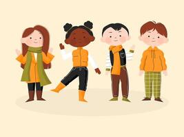 First day of fall. Autumn background with cute kids standing in fall clothes. Happy pupils returning to school in autumn. Group of Hand drawn Little Children character illustration vector