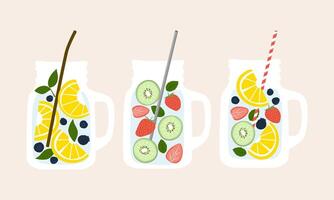 Fruit infused water in mason jar mugs with variety straws elements collection Illustration web. Fruits and vegetables in a water for Detox and refreshment drink. vector