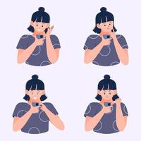Young Female reads message on smartphone with different expression, emotions and reaction to information when using mobile phone illustration. vector