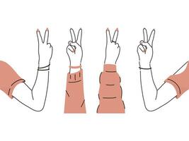 Collection of arm holding up peace with front and back view hand drawn flat illustration vector