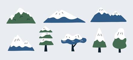 Snow Capped Mountains and Winter Forest. A collection of simple, stylized winter illustrations featuring snow capped mountains and various trees in a forest setting, perfect for nature themes vector